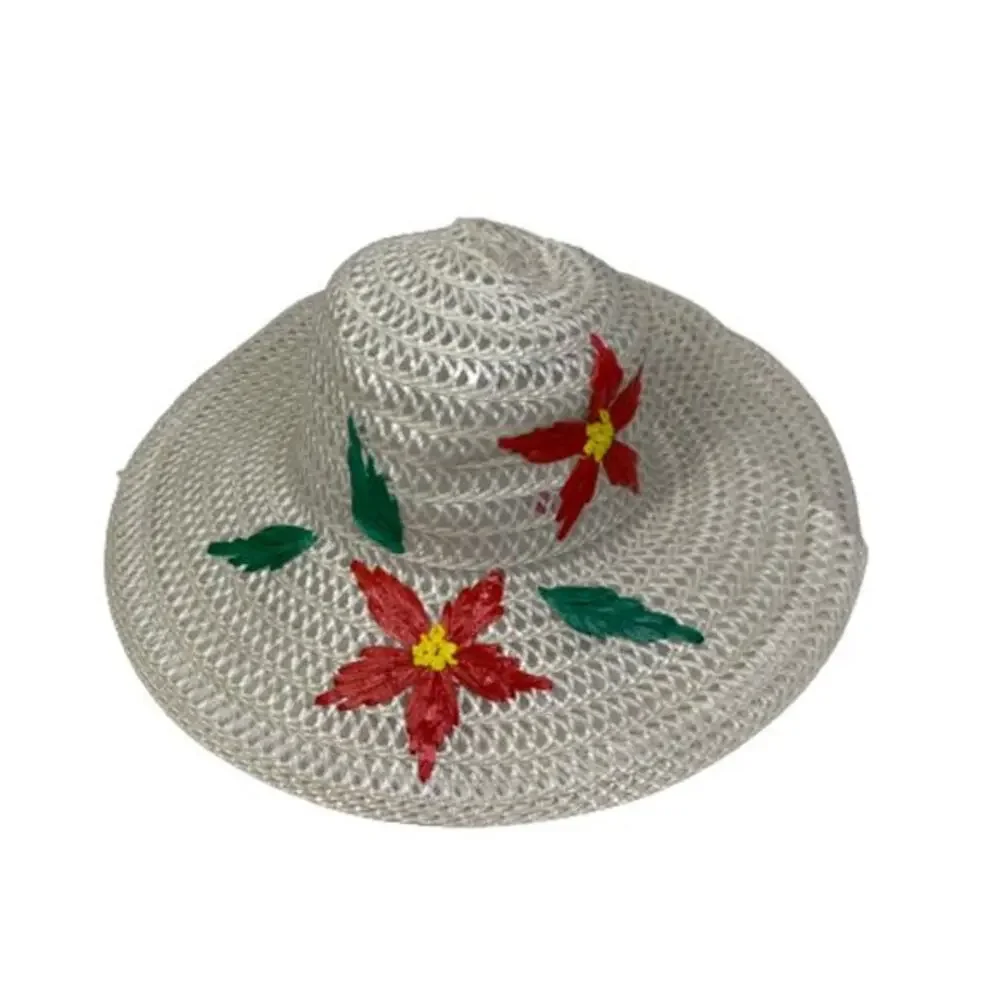 PARIS ACCESSORIES‎ Hat Vintage Floral Straw Wide Brim Beach Sun White Retro
